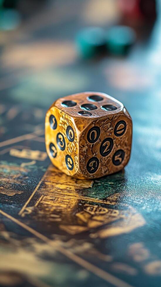 A dice on a table with a board game photo