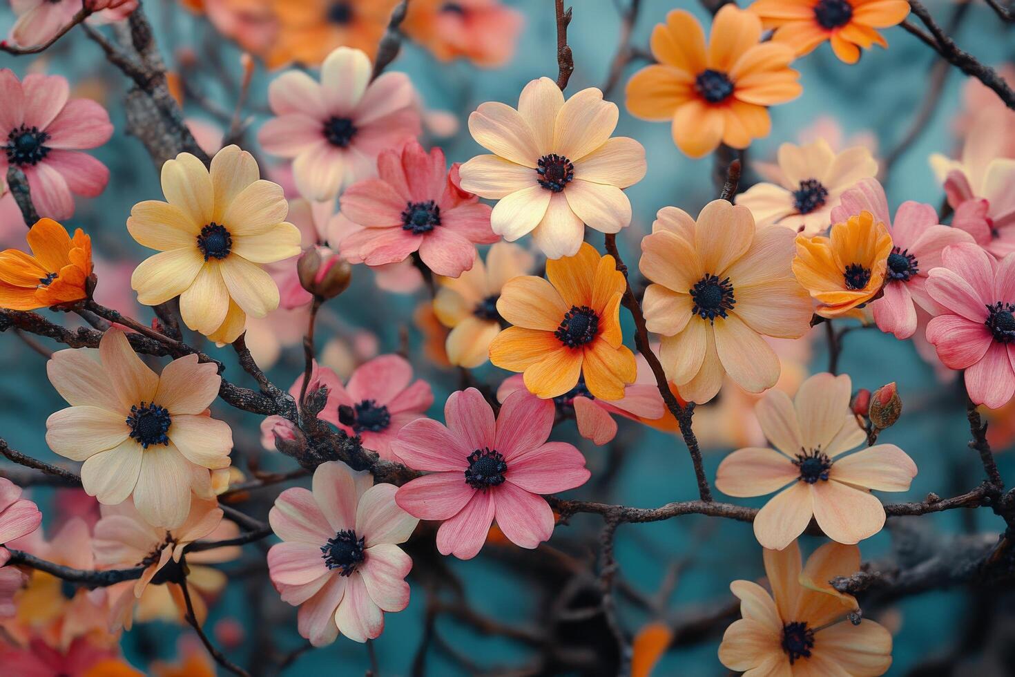 A bunch of flowers are shown in front of a blue background photo