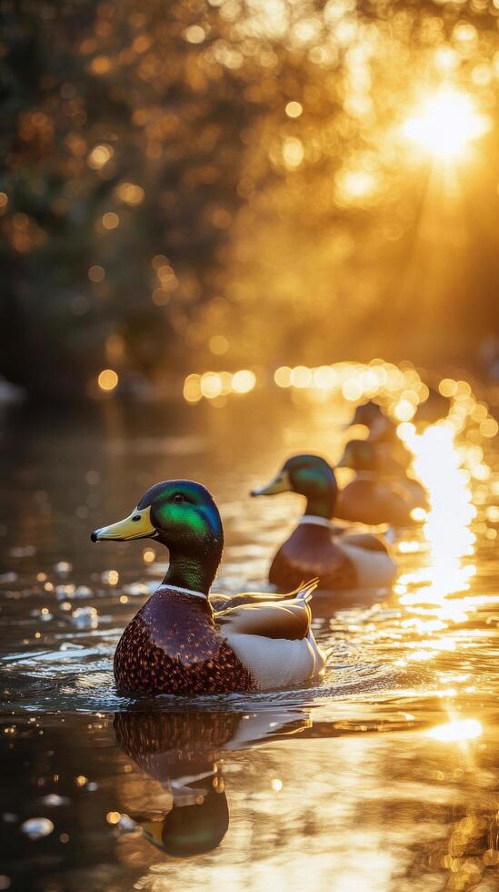 A group of ducks swimming in a river at sunset photo