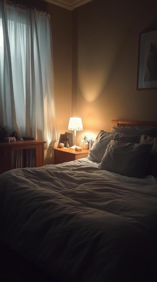 A bed with a lamp and a window photo