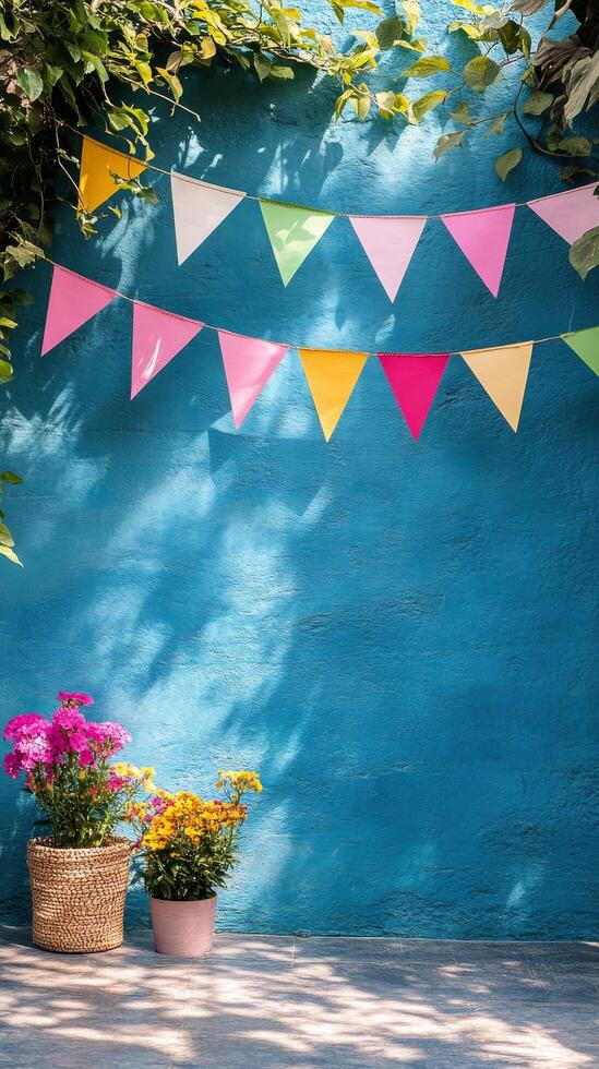 Colorful bunting on a blue wall photo