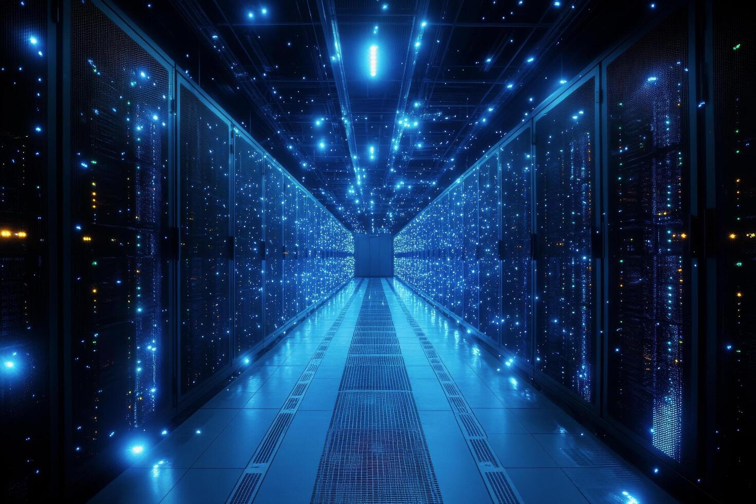 A long hallway with many servers and lights photo