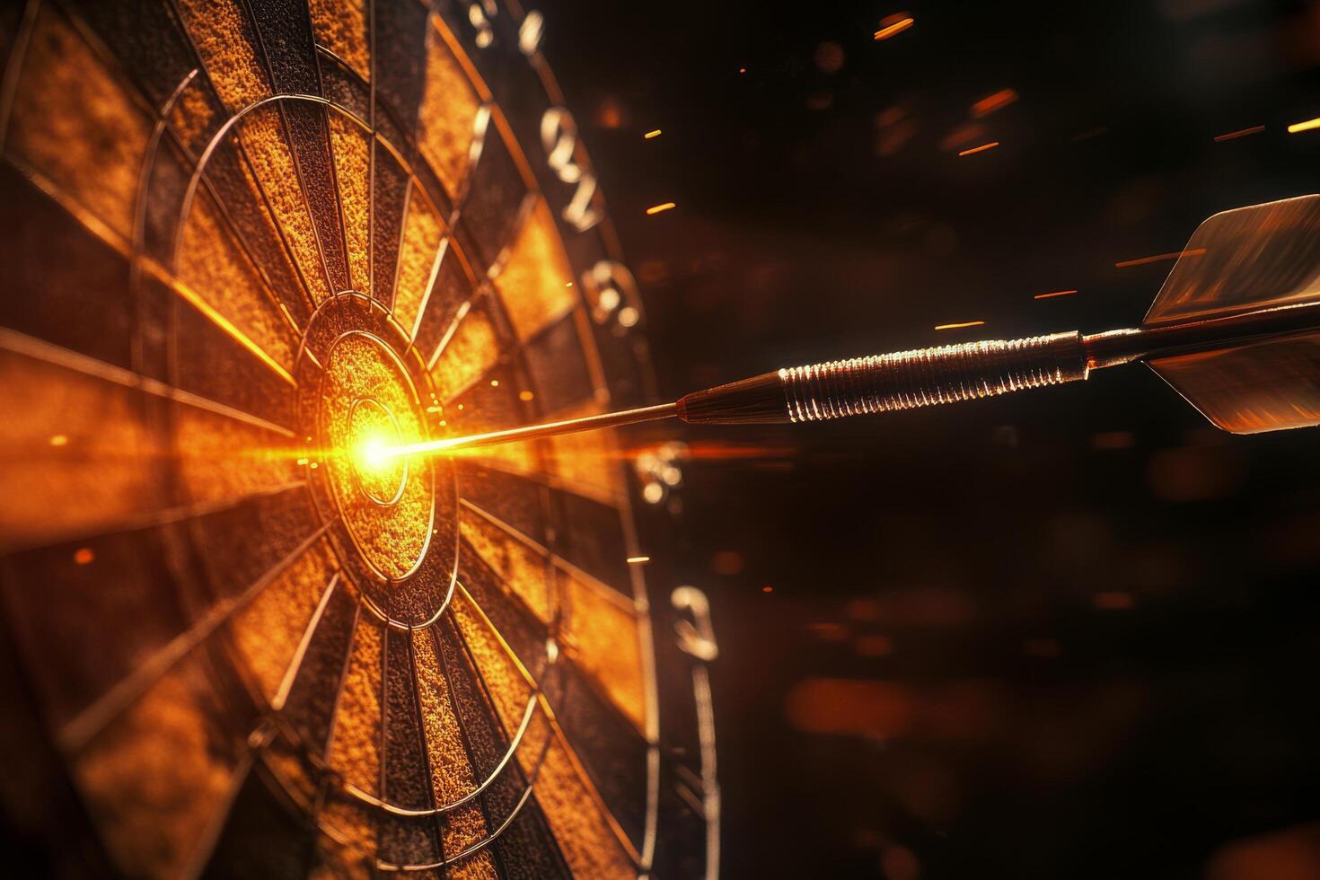Dart strikes center of target creating bright explosion of light in dark setting photo