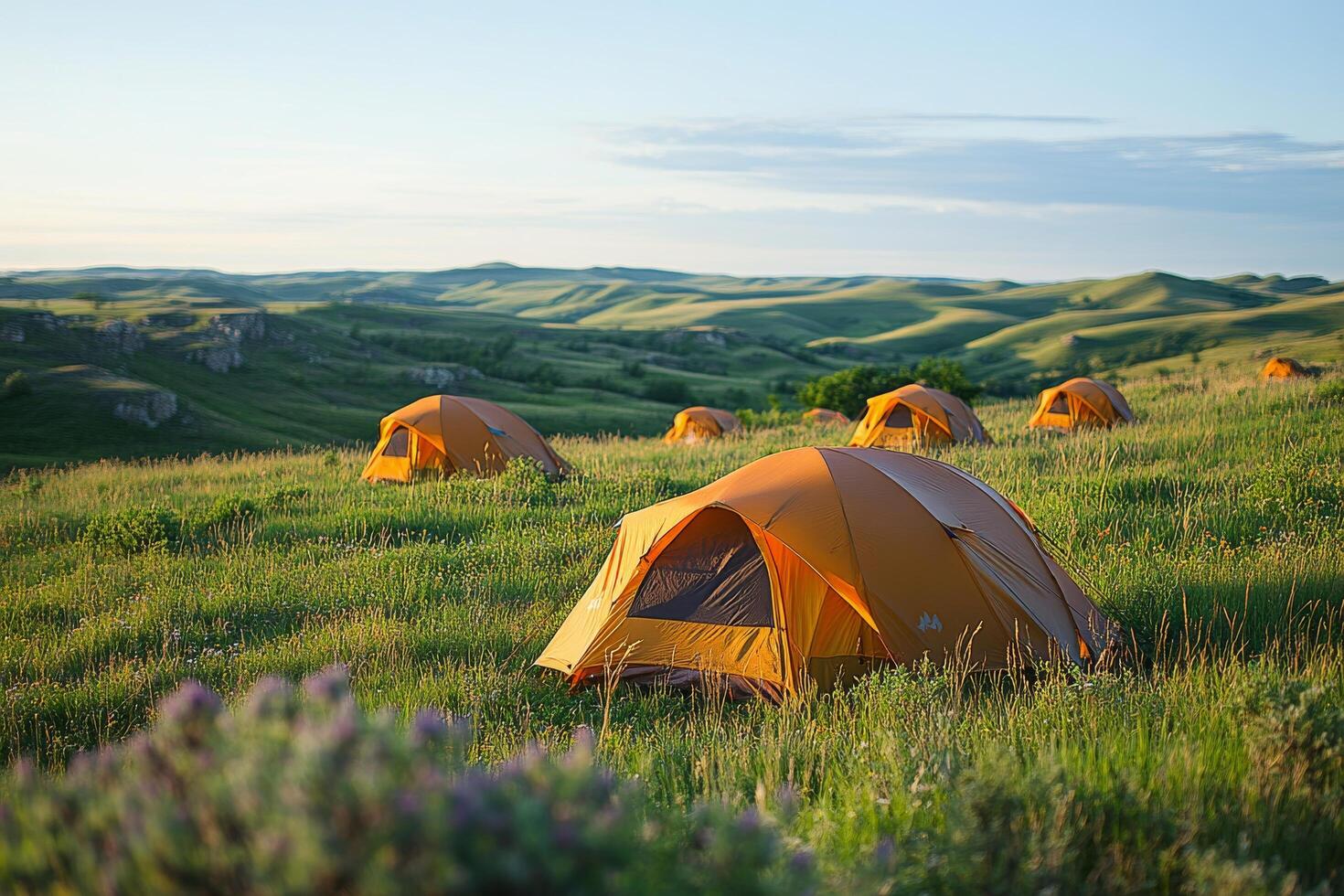 A group of tents in a field with hills in the background photo
