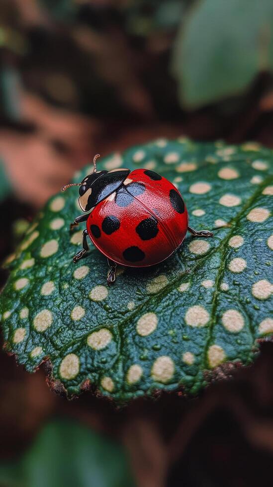 A ladybug sitting on a leaf with spots photo