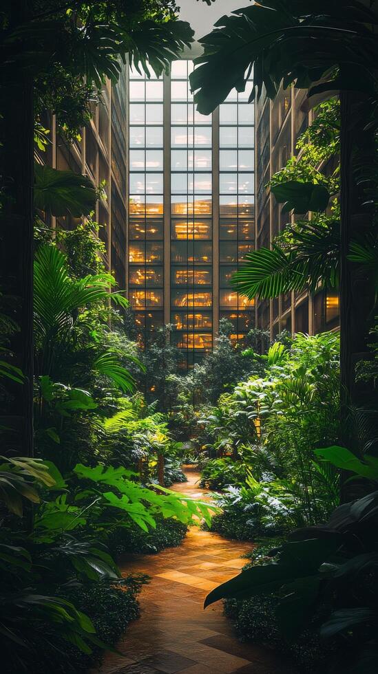 A hallway with plants and trees in the middle photo