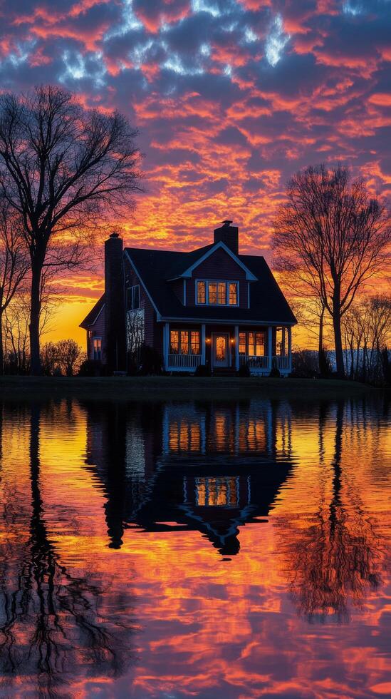 A house is reflected in the water at sunset photo