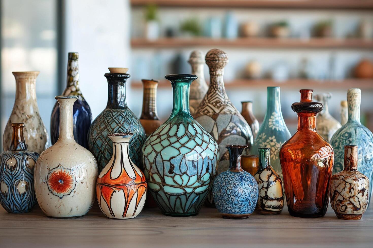 A large collection of vases sitting on a table photo