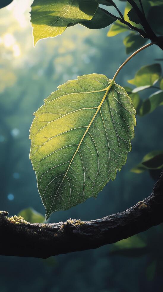 A green leaf is shown on a branch photo