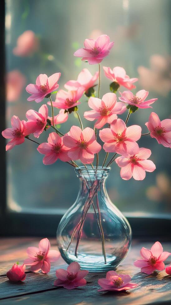 A vase filled with pink flowers sitting on a table photo