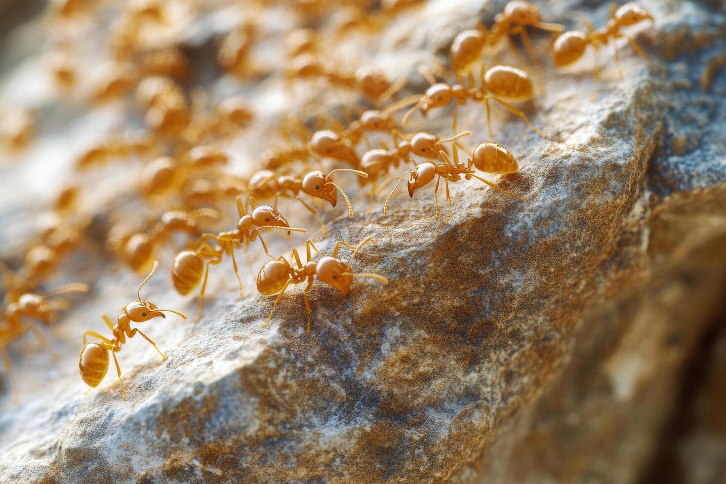 A group of ants walking on a rock photo