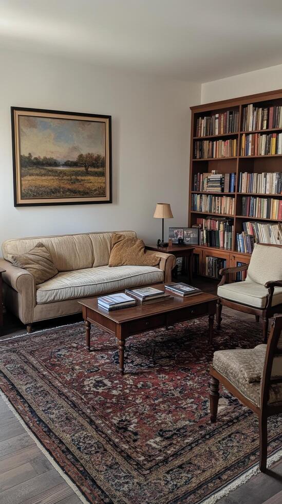 Cozy living room with bookshelf, couch, and plants in a warm, inviting atmosphere photo
