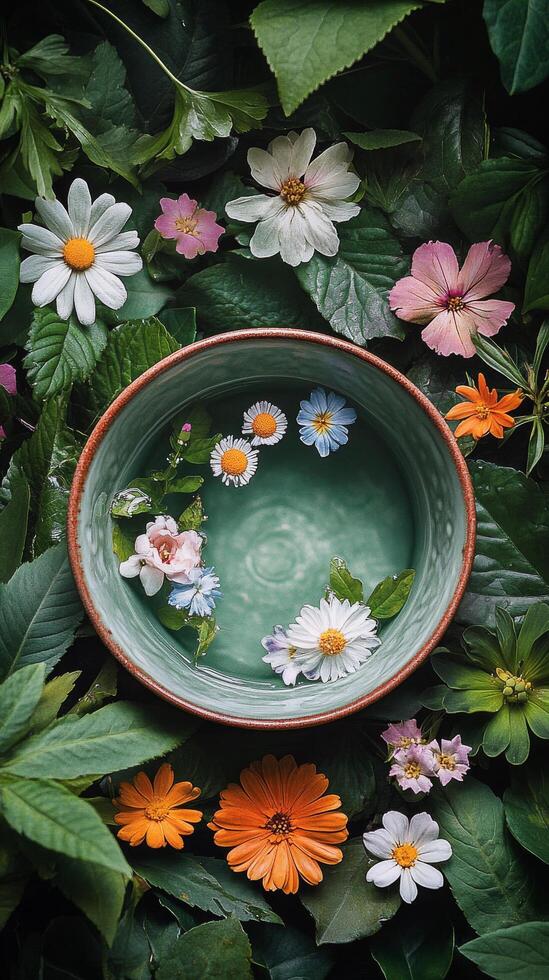 A bowl of flowers surrounded by green leaves photo