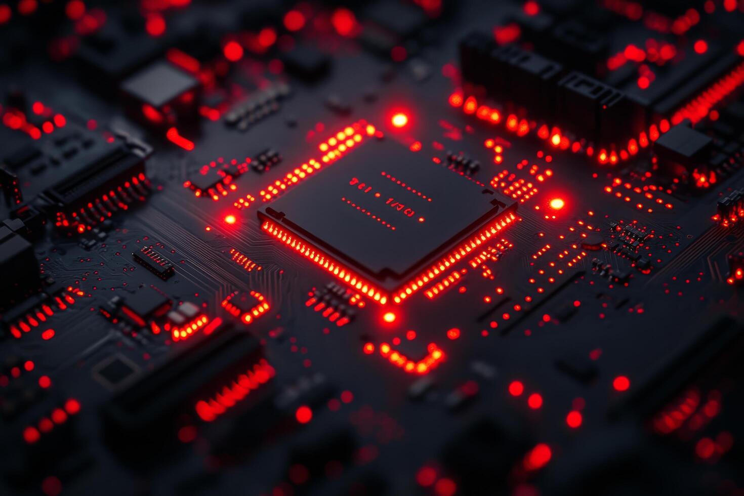 Microchip circuit board glowing with bright red lights in a dark environment photo