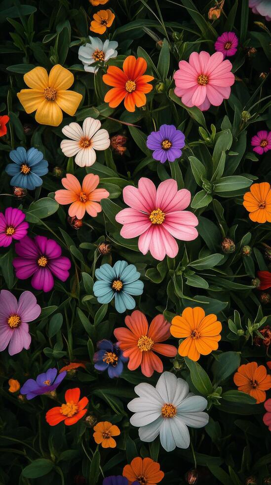 A bunch of colorful flowers are shown in a field photo