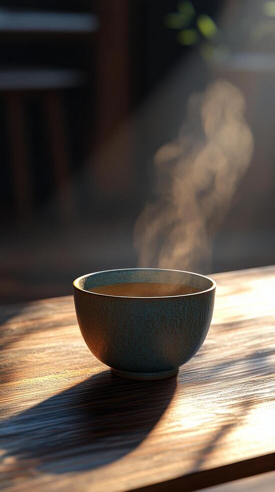 A bowl of steaming hot soup on a table photo