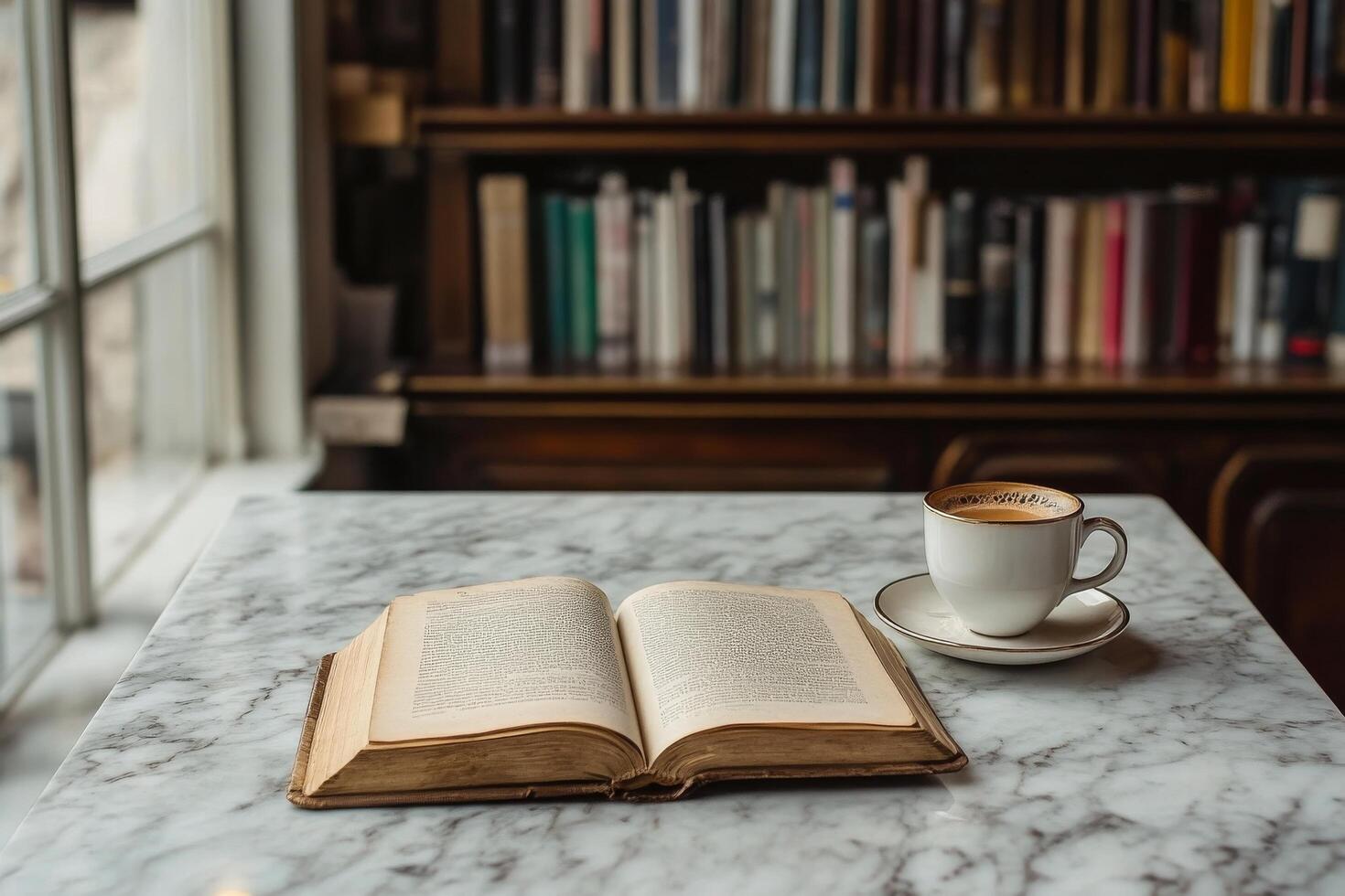 An open book and a cup of coffee on a marble table in front of a bookcase photo