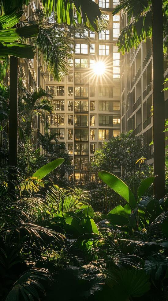 Sunlight shining through the trees in a tropical garden photo