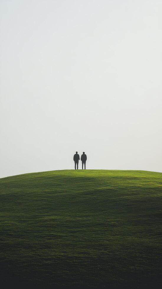 Two people standing on top of a hill photo