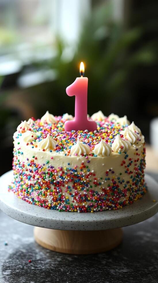 A cake with a one candle on it photo