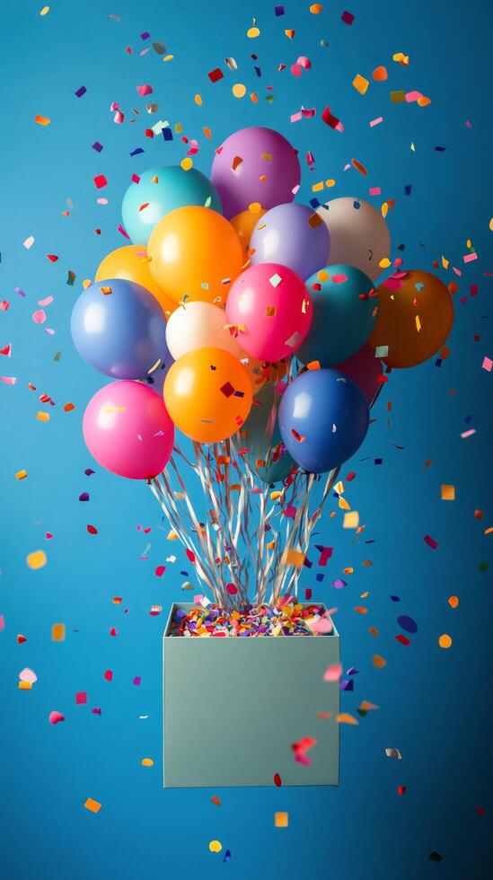 A box filled with balloons and confetti on a blue background photo