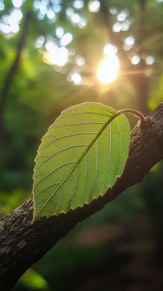 A green leaf is sitting on a branch in the sun photo