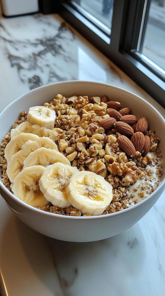 A bowl of cereal with bananas and almonds photo