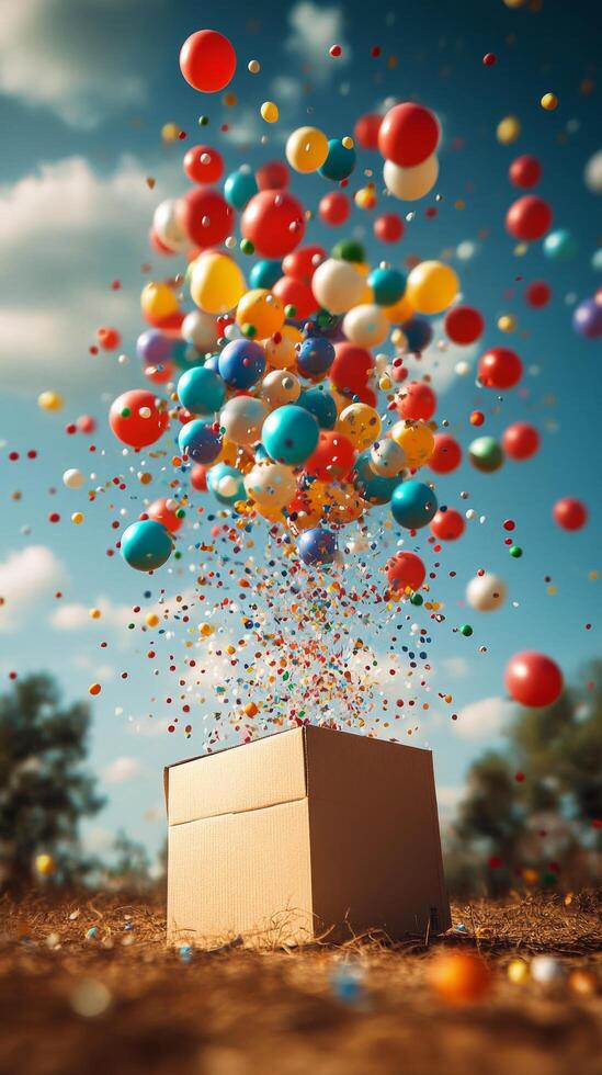 A box with colorful balloons flying out of it photo