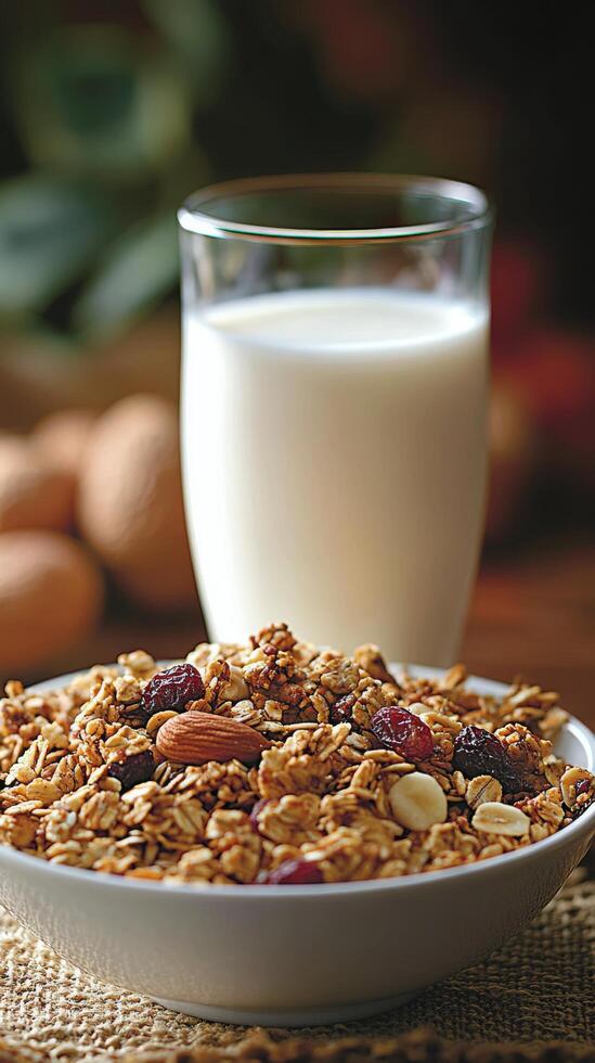 A bowl of cereal and milk photo