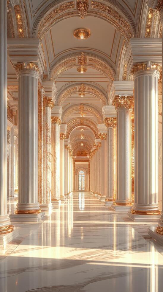 A long hallway with columns and gold trim photo