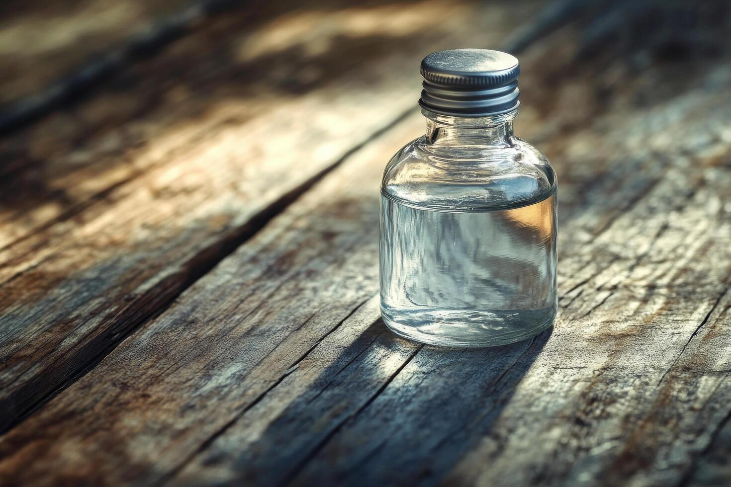 A small bottle of perfume sitting on a wooden table photo