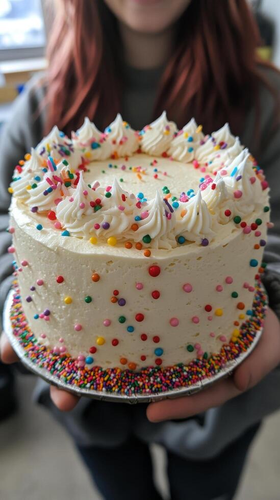 A woman holding a cake with sprinkles on it photo