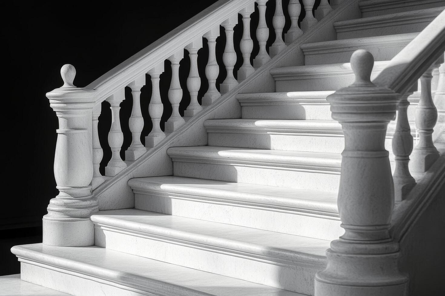 A black and white photo of a staircase