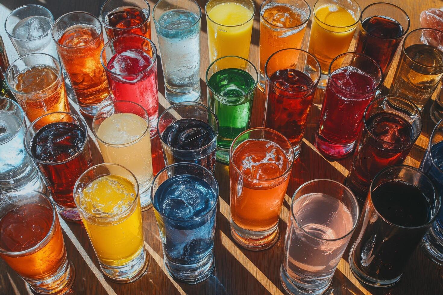 A large number of different colored drinks in glasses photo