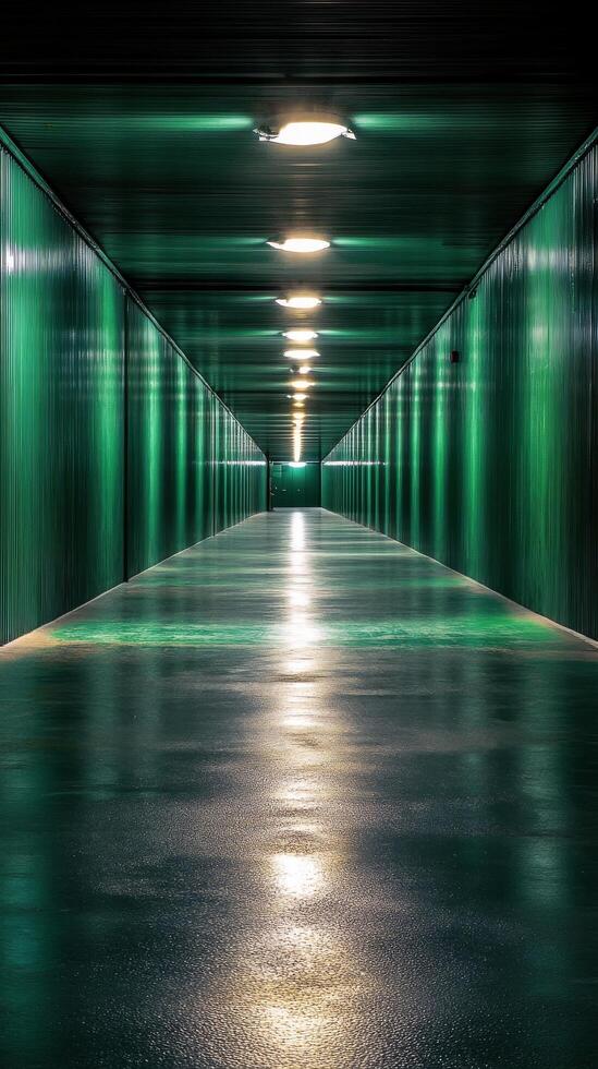 A long tunnel with green lights and a light at the end photo