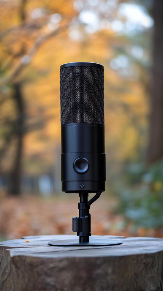 A black microphone on top of a stump photo