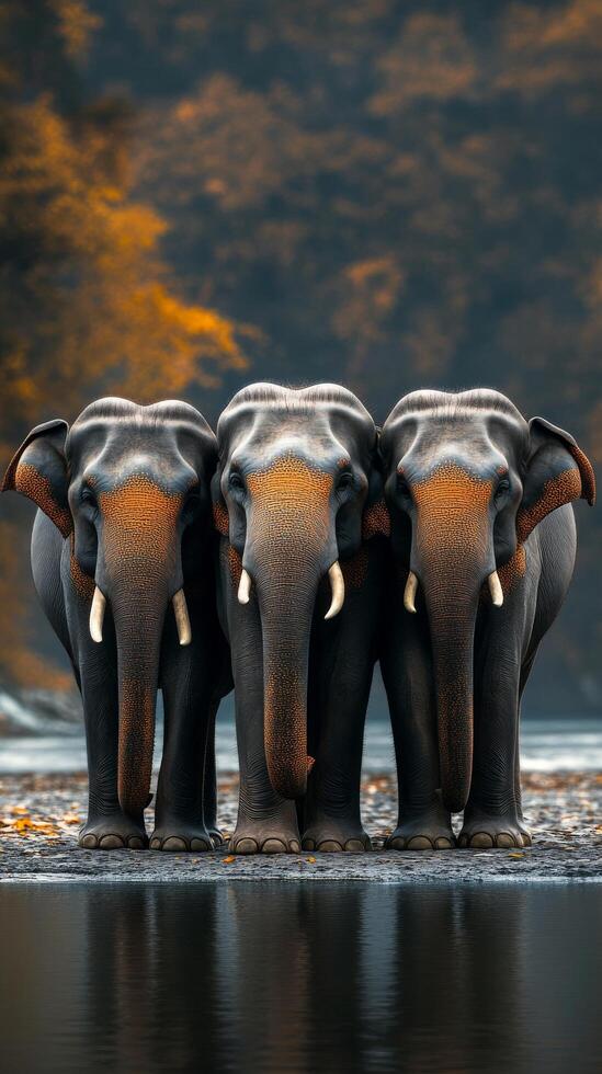 Three elephants standing next to each other photo