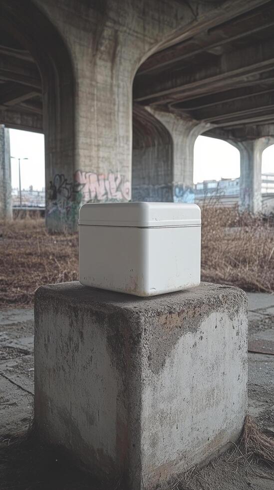 A white box sitting on top of a concrete block photo
