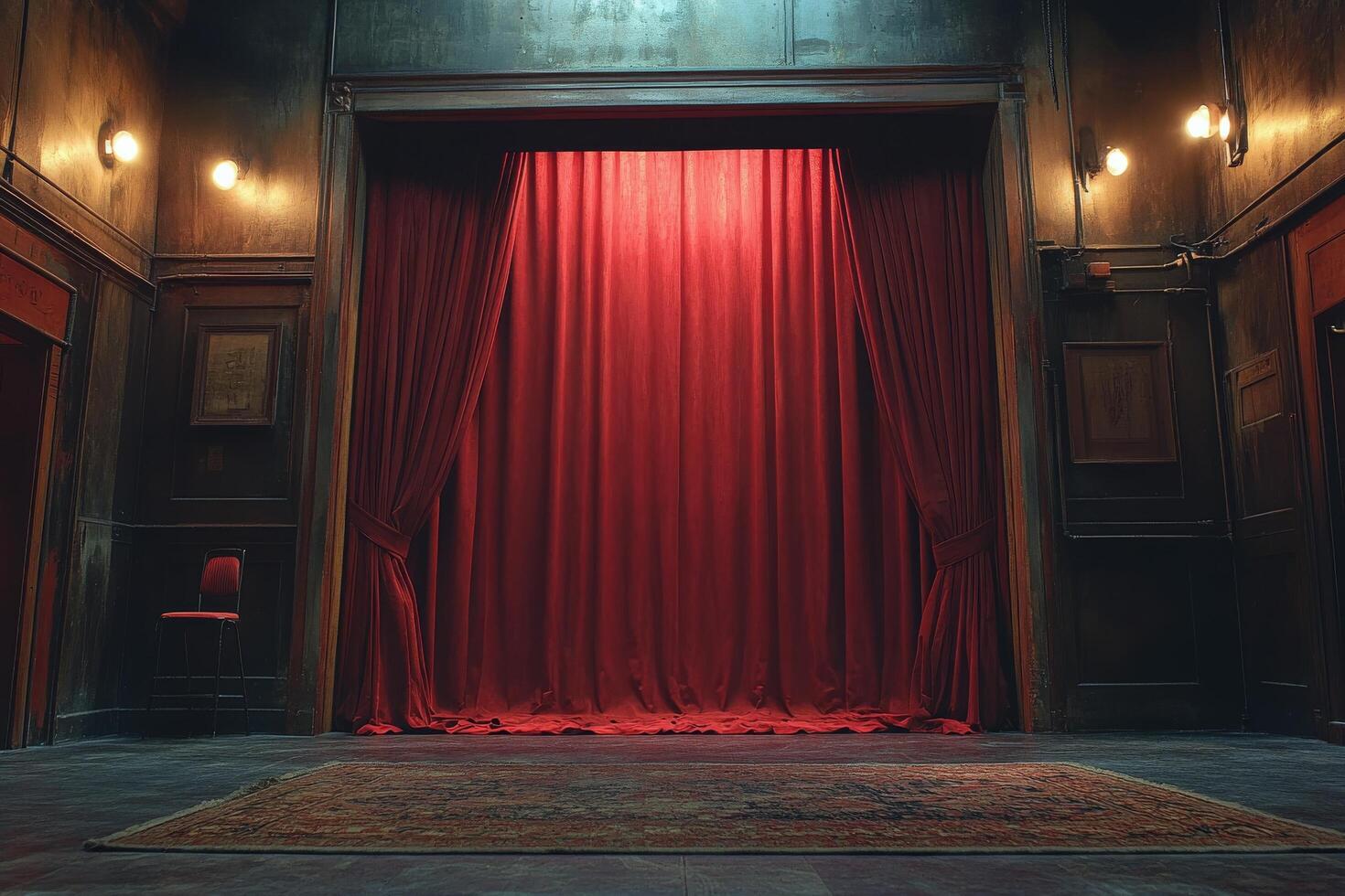 A red curtain is hanging in front of a large room photo