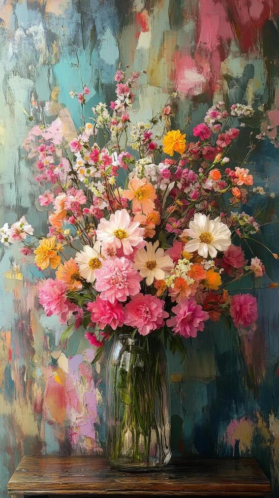 A painting of flowers in a vase on a table photo