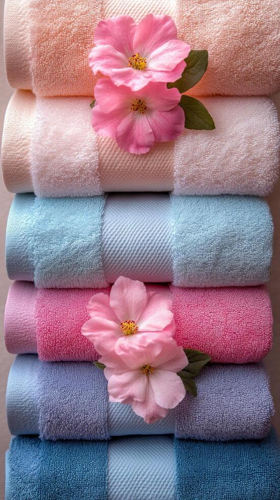 A stack of towels with pink flowers photo
