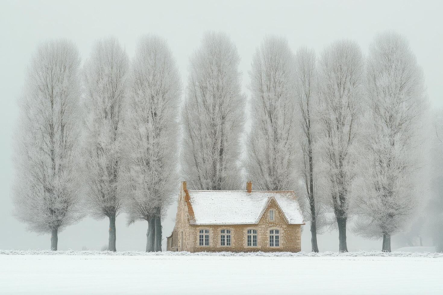 A house is surrounded by trees in the snow photo