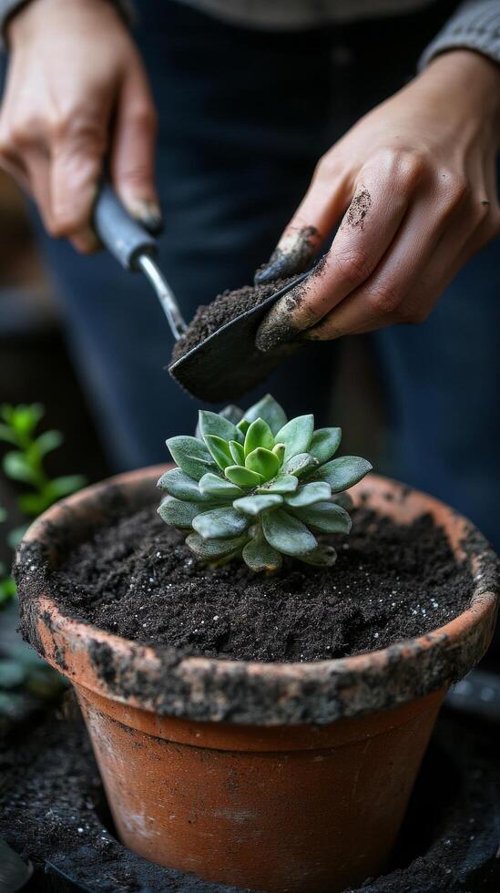 Gardening enthusiast planting young green sapling in terracotta pot surrounded by rich soil photo