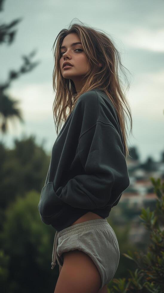 A woman in a sweatshirt and shorts standing in front of trees photo