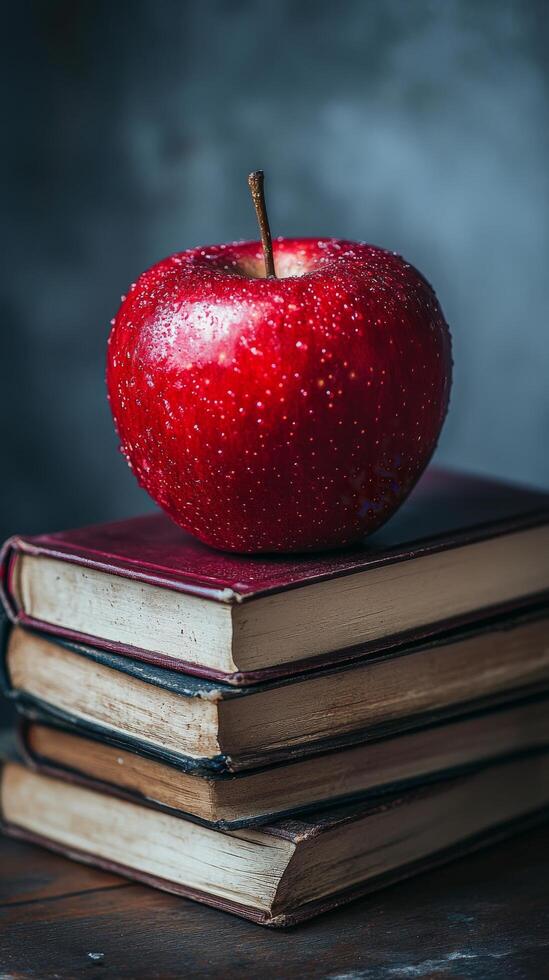 An apple sits on top of a stack of books photo