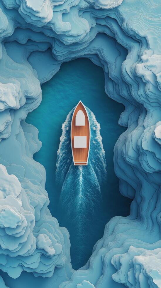 A boat is floating in the middle of a large iceberg photo