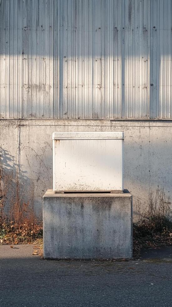 A white box sitting on a concrete block in front of a building photo