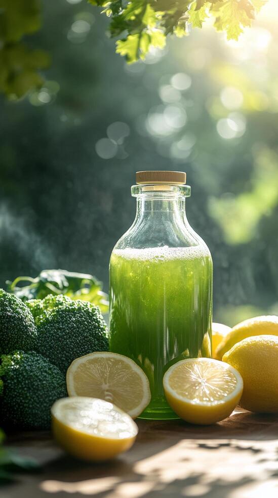 A bottle of green juice next to some lemons and broccoli photo