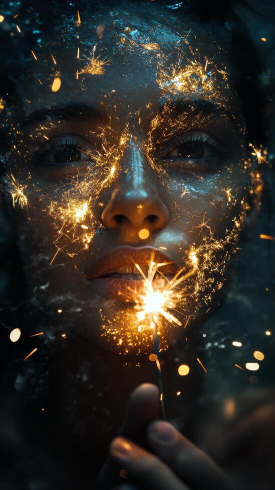A woman with sparklers in her face photo