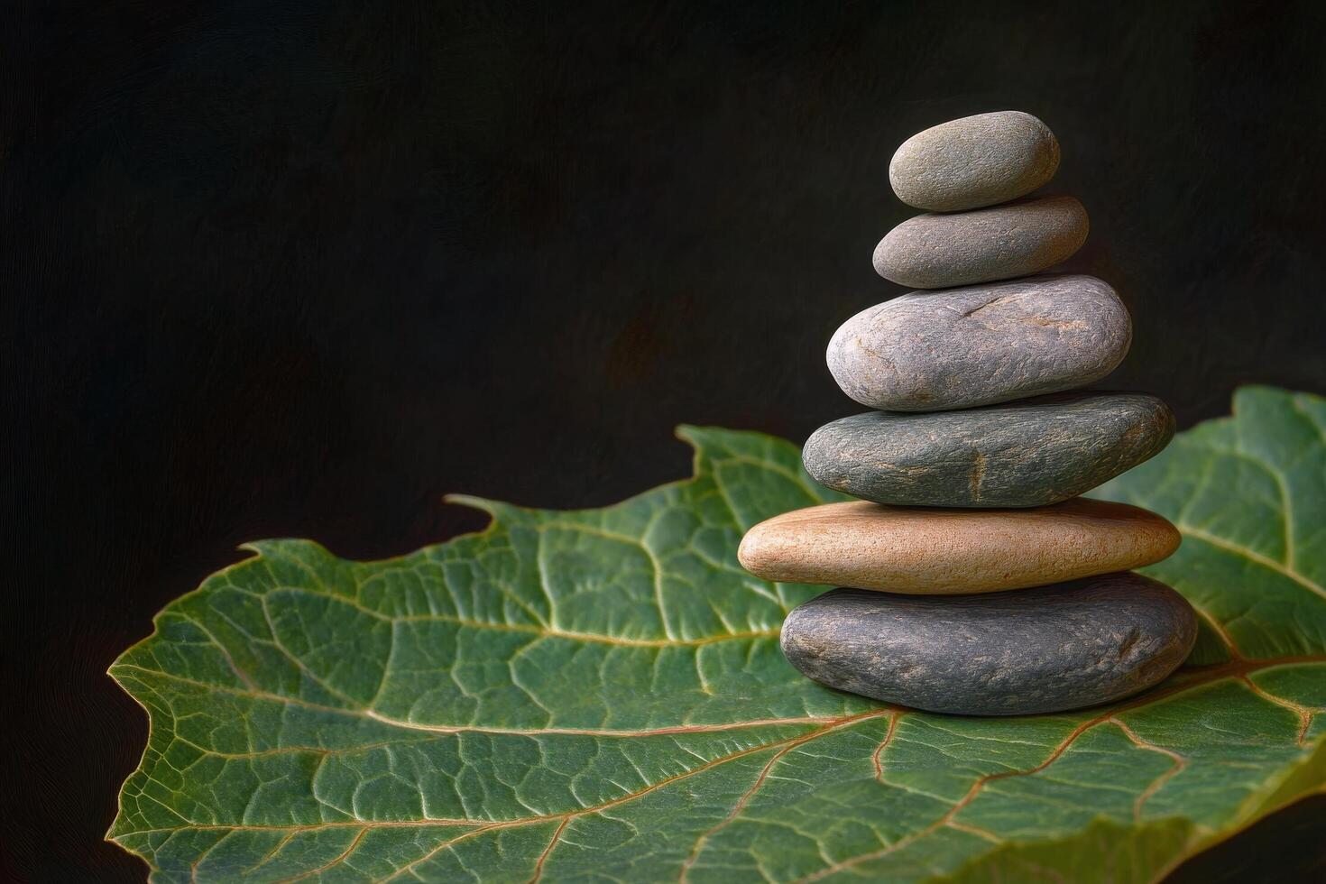 A stack of stones on top of a leaf photo